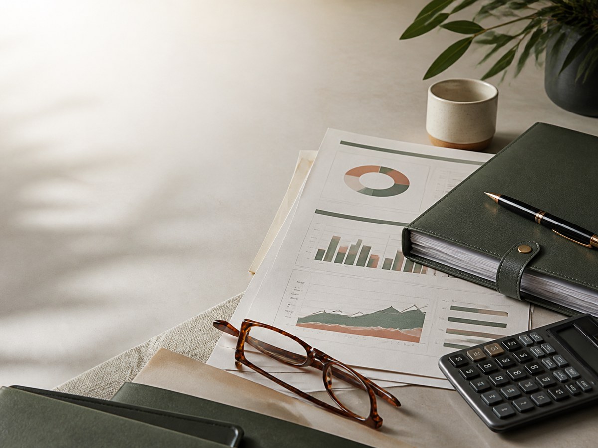 Financial reports, agreement folder, calculator and reading glasses arranged for a business due diligence review